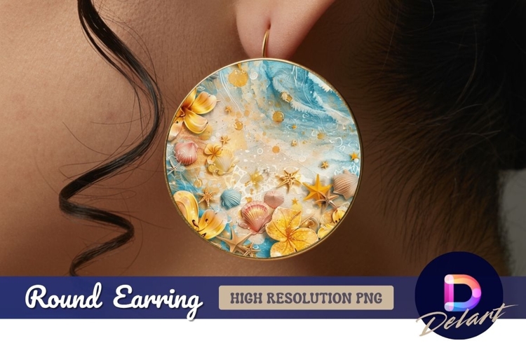 Seashells flowers watercolor beach Round Earring PNG