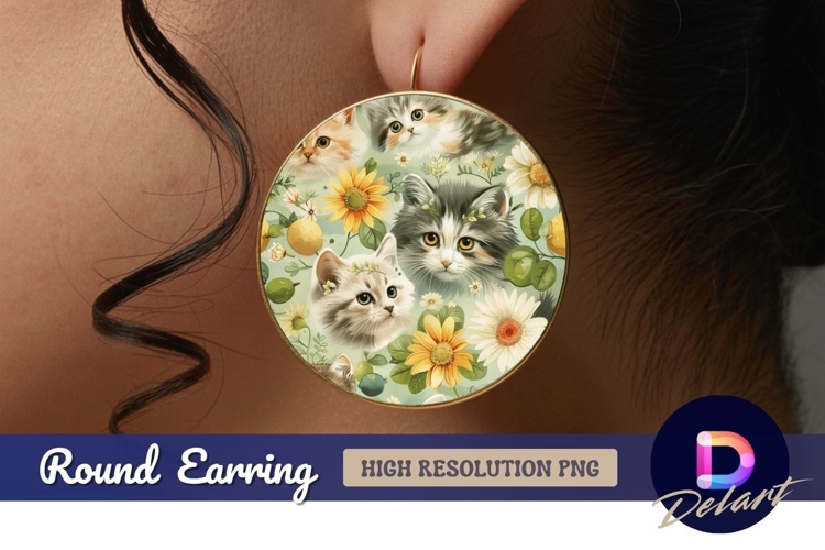 Floral kittens Round Earring PNG
