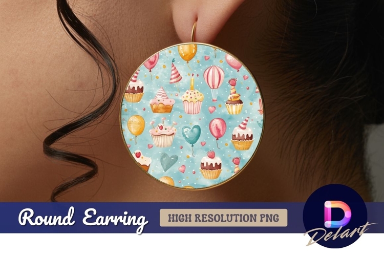 Watercolor birthday cupcakes and balloons Round Earring PNG
