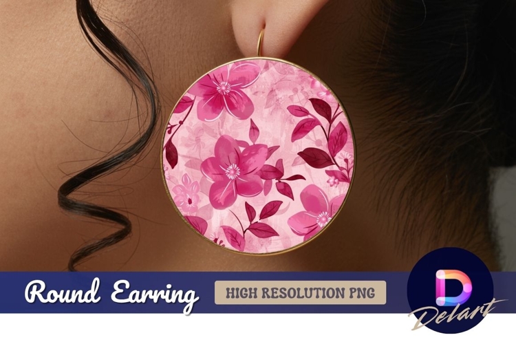 Pink floral watercolor Round Earring PNG