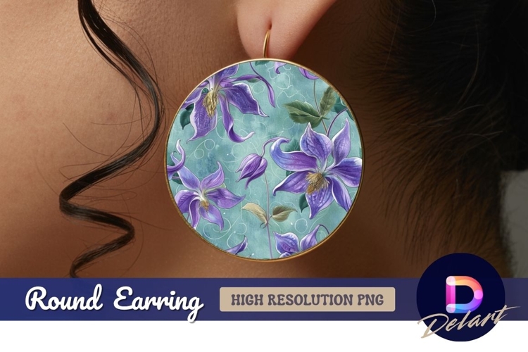 Watercolor clematis floral pattern Round Earring PNG