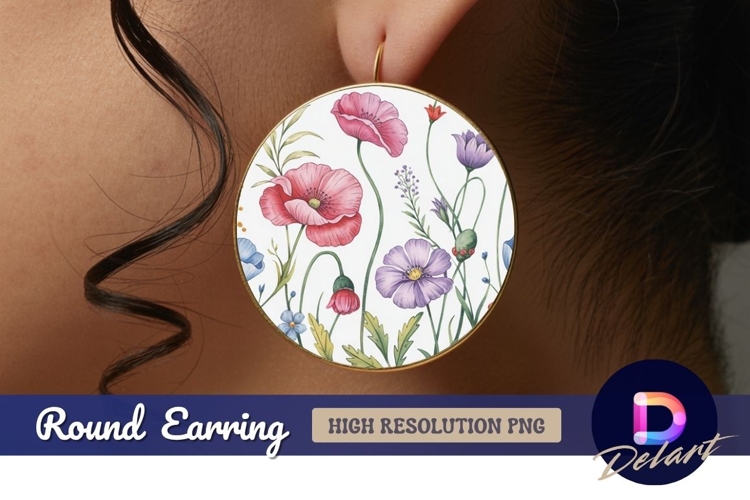 Floral watercolor painting round earring png