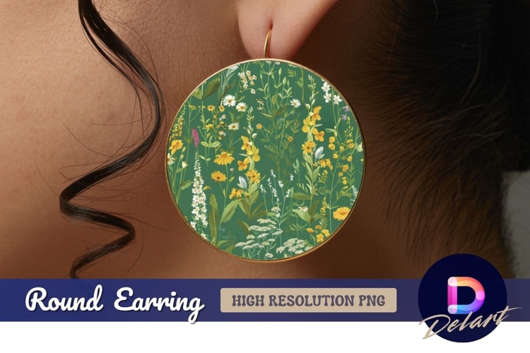 Botanical watercolor wildflower pattern green Round Earring