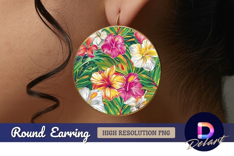 Tropical hibiscus flower and palm leaves pattern Round Earri