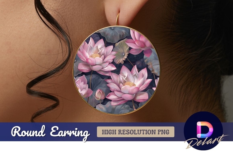 Pink lotus flowers and leaves Round Earring PNG