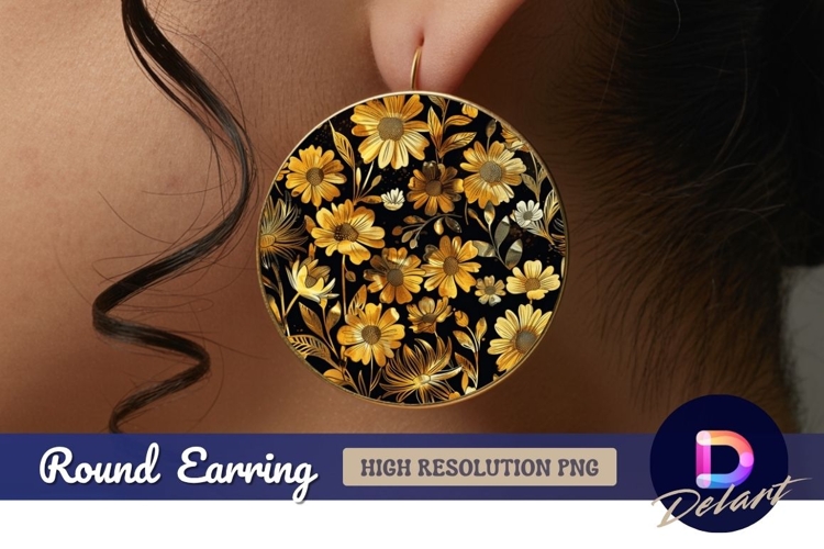 Golden flowers on black Round Earring PNG