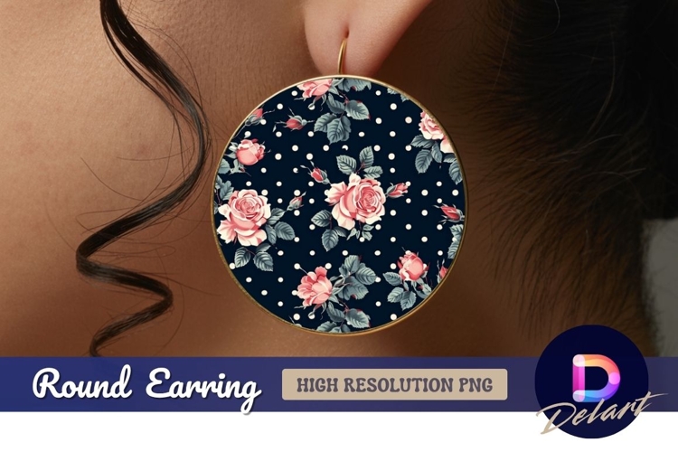 Rose floral pattern on navy Round Earring PNG