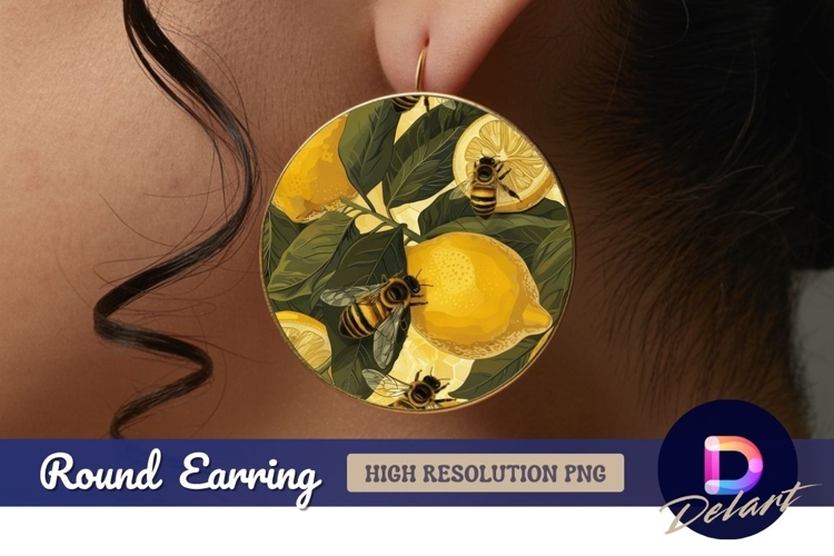 Lemons bees and honeycomb Round Earring PNG