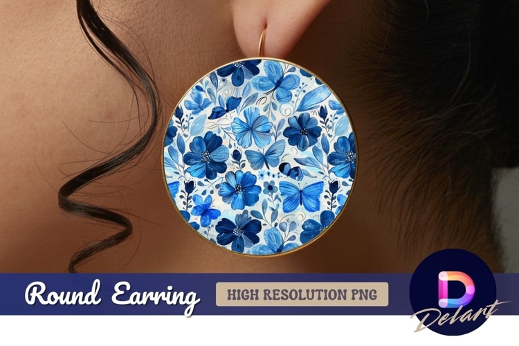 Blue floral butterfly Round Earring PNG