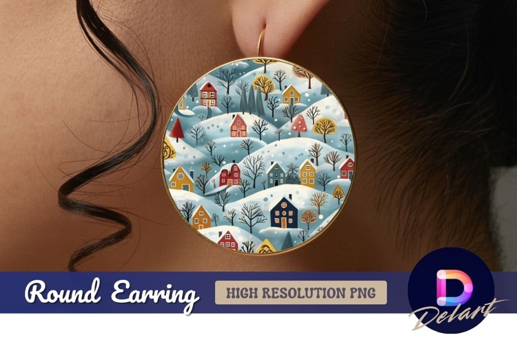Winter village illustration Round Earring PNG