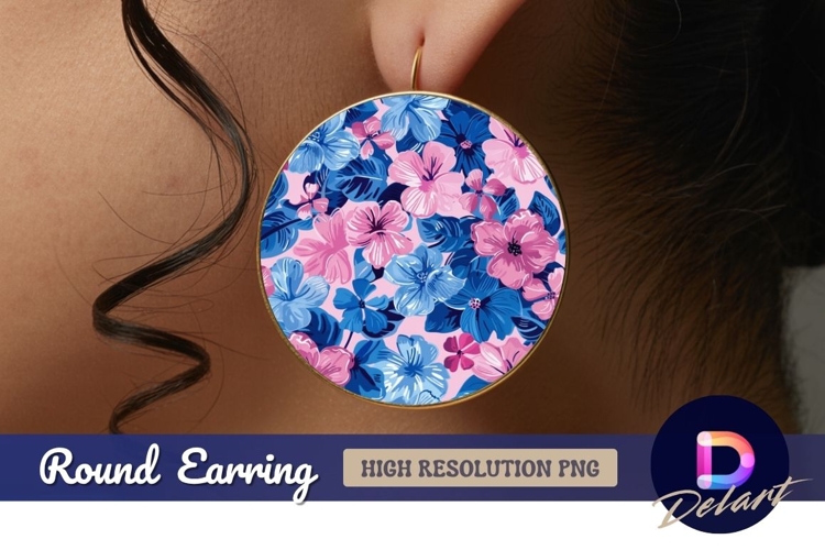 Pink and blue hibiscus floral Round Earring PNG