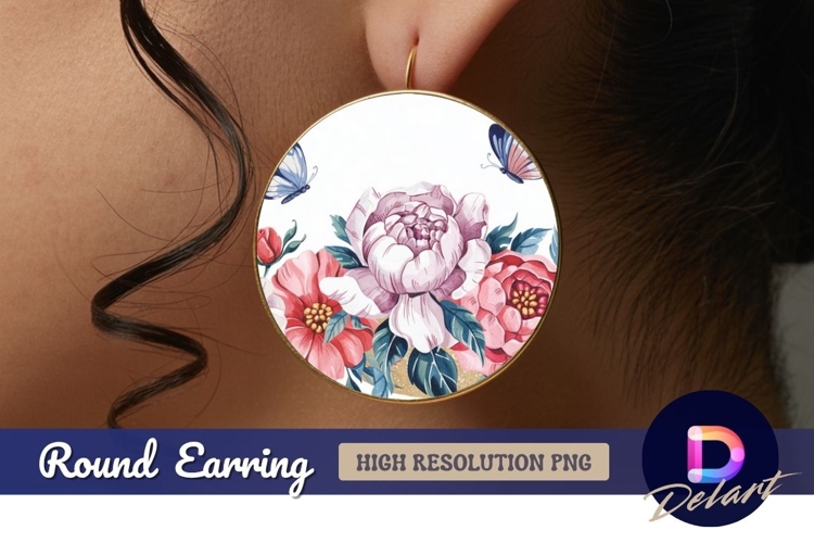 Watercolor flowers butterflies round earring png