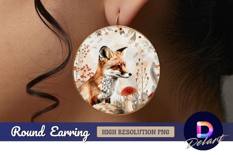 Fox with mushroom and flowers Round Earring PNG Design