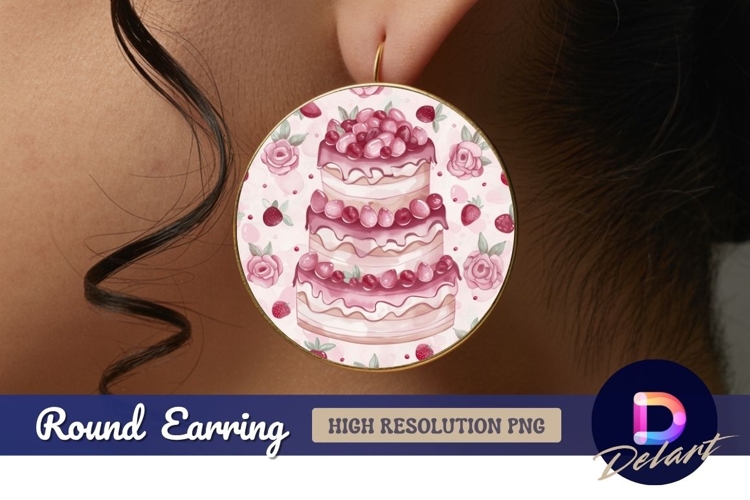Pink cake illustration with Round Earring PNG Design