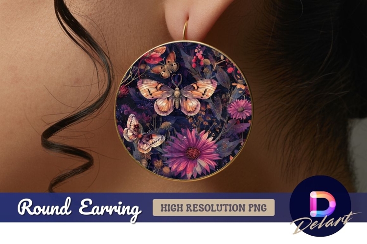 Moths and flowers Round Earring PNG Design