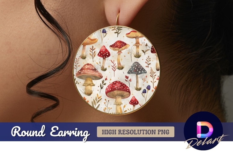 Watercolor mushroom pattern Round Earring PNG Design