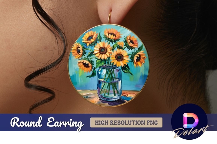 Sunflower painting still life in glass Round Earring PNG