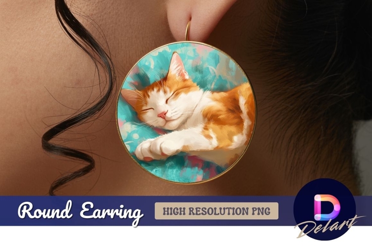 Sleeping ginger cat on turquoise Round Earring PNG