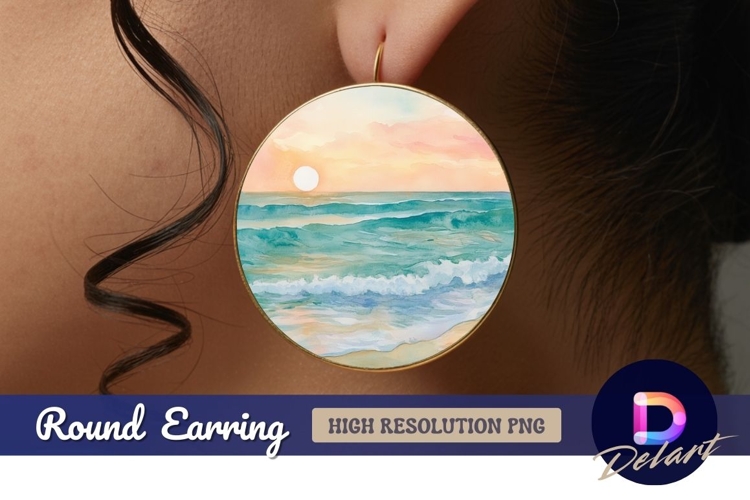 Watercolor ocean sunset scene Round Earring PNG