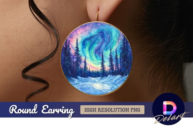 Aurora borealis forest watercolor Round Earring PNG