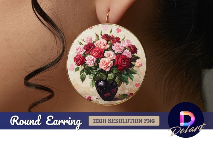 Roses in vase with hearts oil painting Round Earring PNG