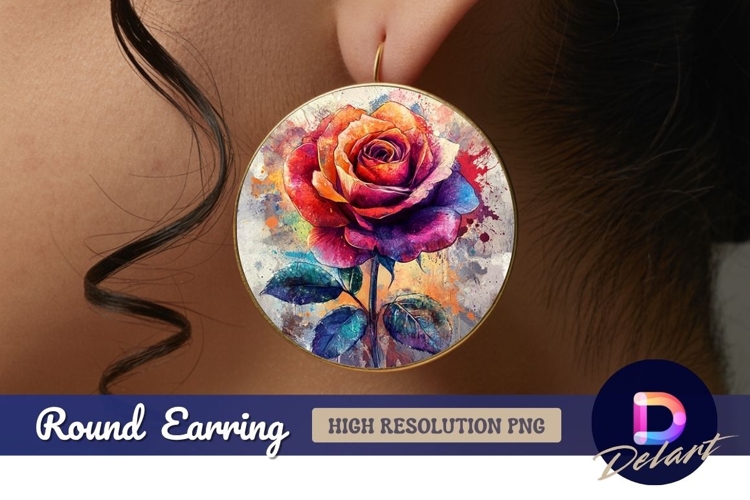 Vibrant watercolor rose artistic floral Round Earring PNG