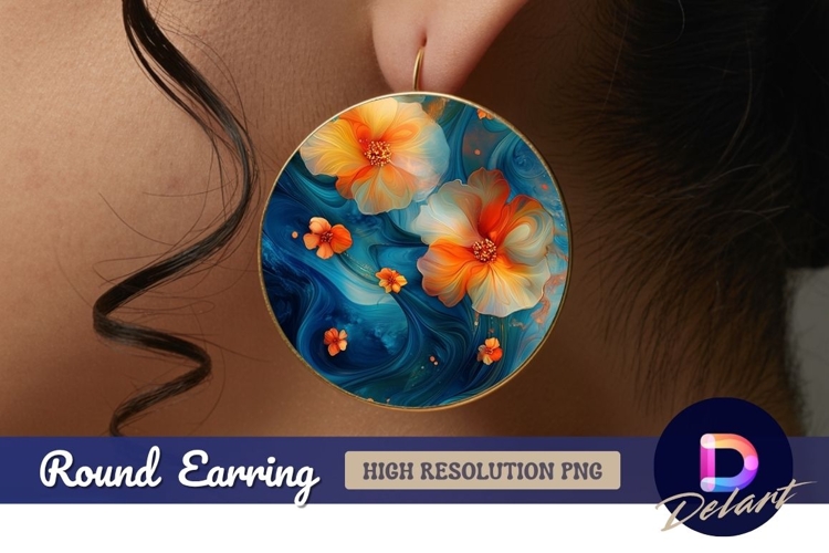 Abstract floral illustration with blue Round Earring PNG