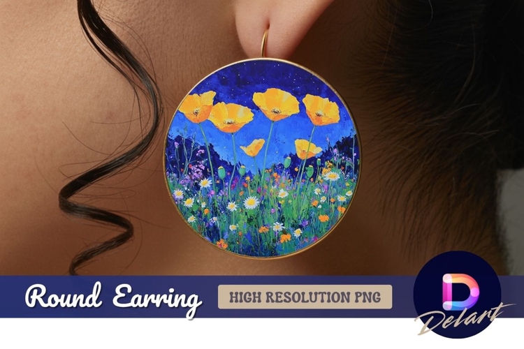 Oil painting of yellow poppies at night Round Earring PNG