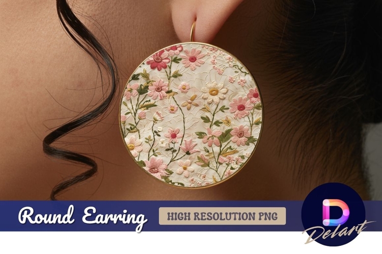 Embroidered flowers Round Earring PNG