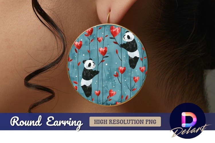 Panda bears and heart flowers Round Earring PNG