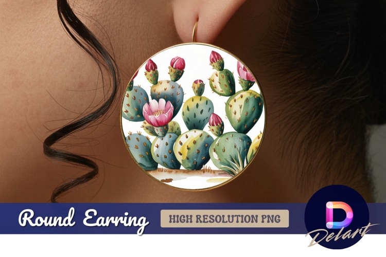 Watercolor cactus plants Round Earring png example image 1