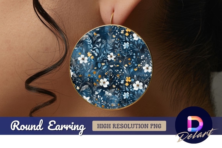 Floral watercolor dark blue Round Earring PNG