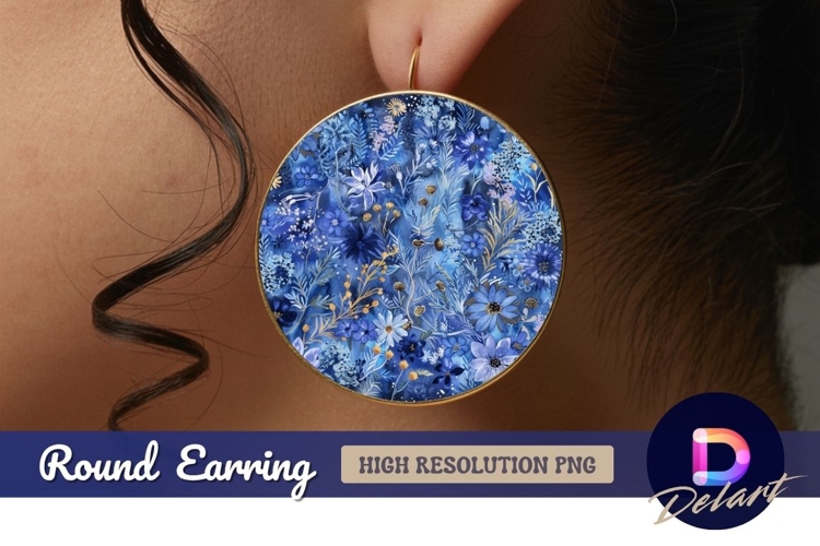 Watercolor blue flowers Round Earring PNG