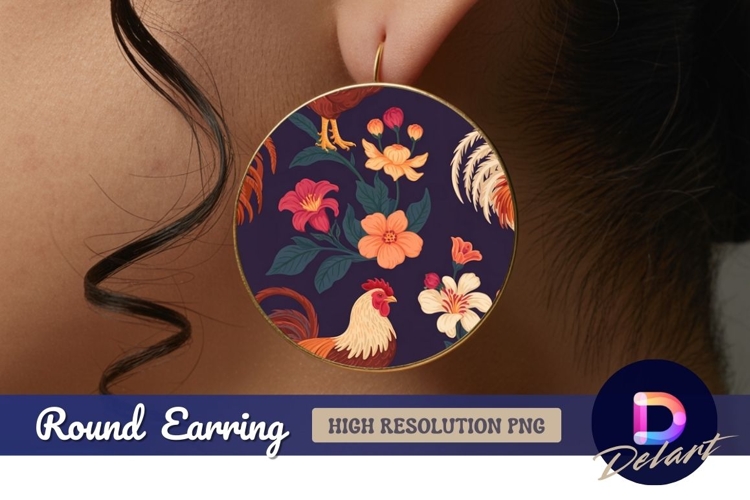Rooster and floral illustration Round earring png example image 1