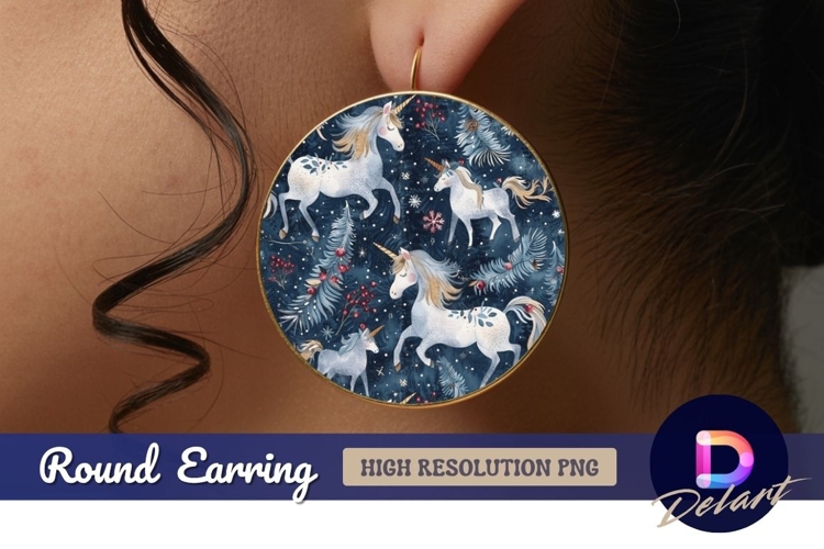 Winter unicorns with pine sprigs Round Earring PNG