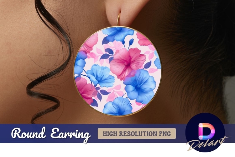 Pink and blue hibiscus floral circle Round Earring PNG