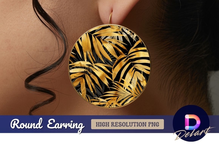 Golden palm leaves Round Earring PNG