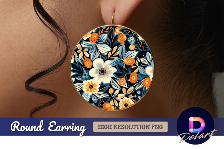 Blue orange and white floral Round Earring PNG