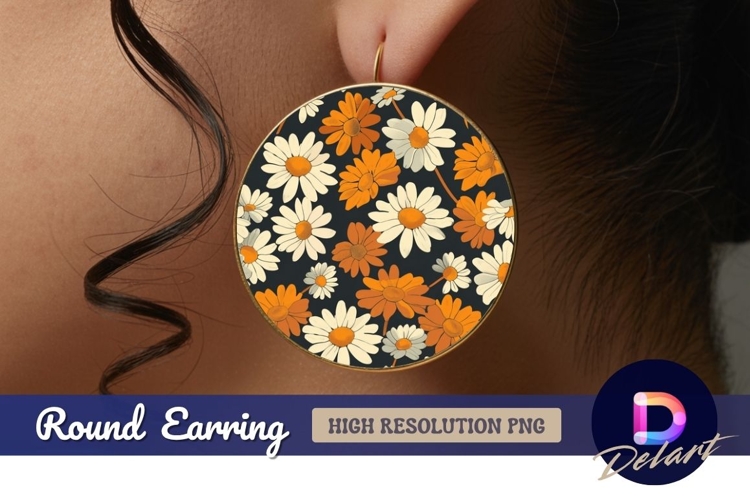 Retro floral pattern with orange and white Round Earring PNG