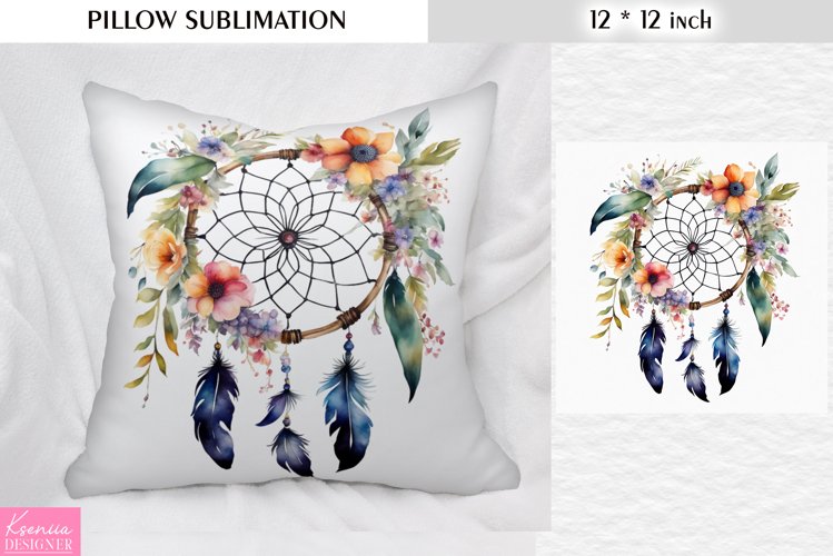 Watercolor Dream Catcher|Vintage Floral Pillow Sublimation example image 1