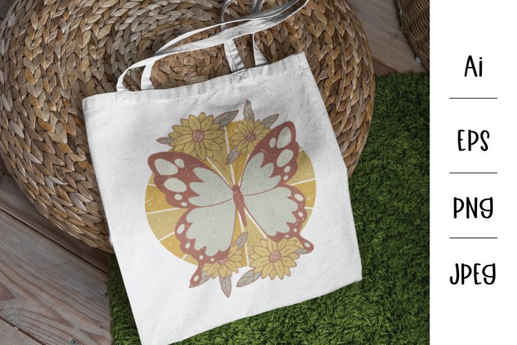 Butterfly with Sunflower, Retro Vintage Shirt or Mug Design