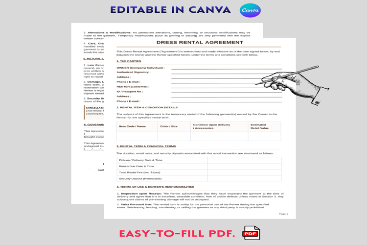 Printable Dress Rental Agreement Template