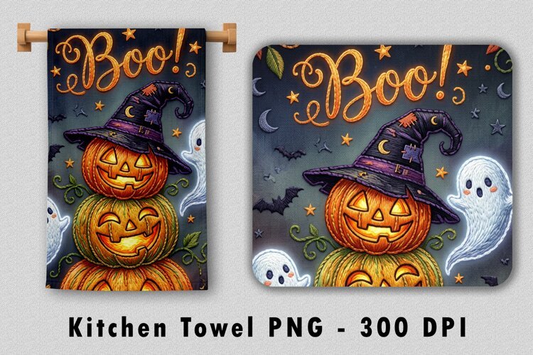 Embroidered Boo Witch Pumpkin Kitchen Towel PNG example image 1