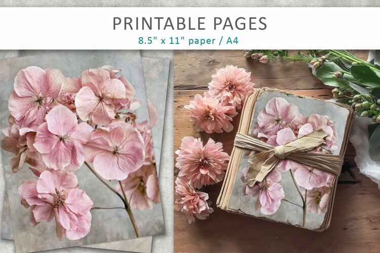Dried Hydrangea junk journal pages, botanical scrapbook example image 1