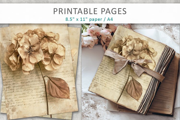 Dried Hydrangea junk journal pages, vintage botanical example image 1