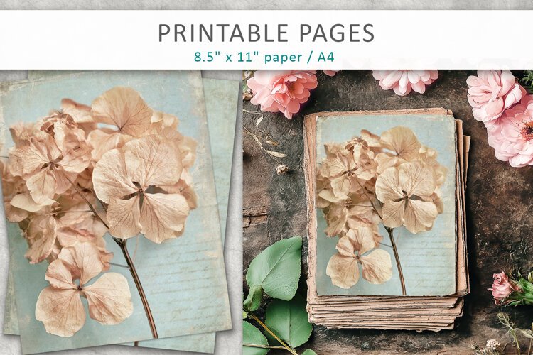 Dried Hydrangea vintage pages, floral paper example image 1