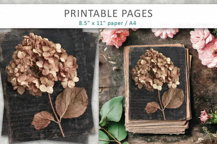hydrangea flowers vintage pages, floral paper