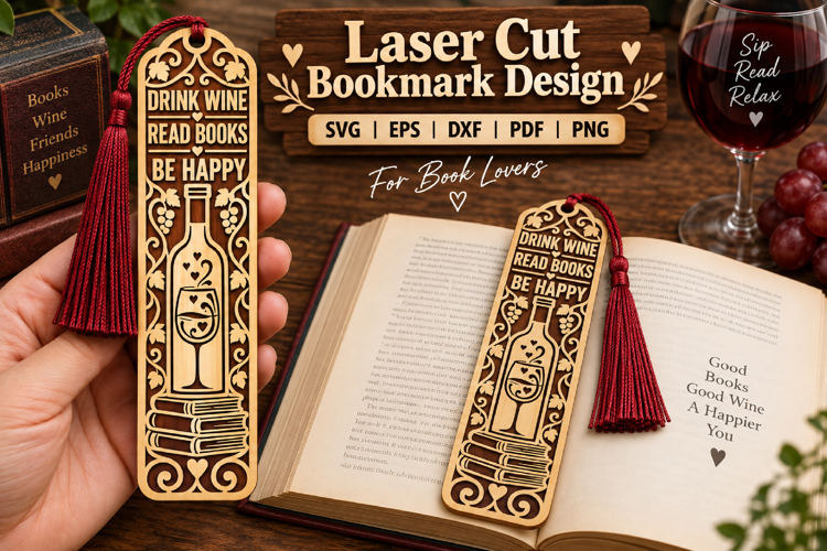 Drink Wine Read Books Bookmark SVG Laser Cut Design