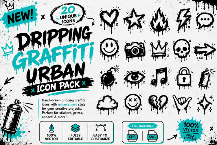 Dripping Graffiti Urban Icon Pack Vector Set