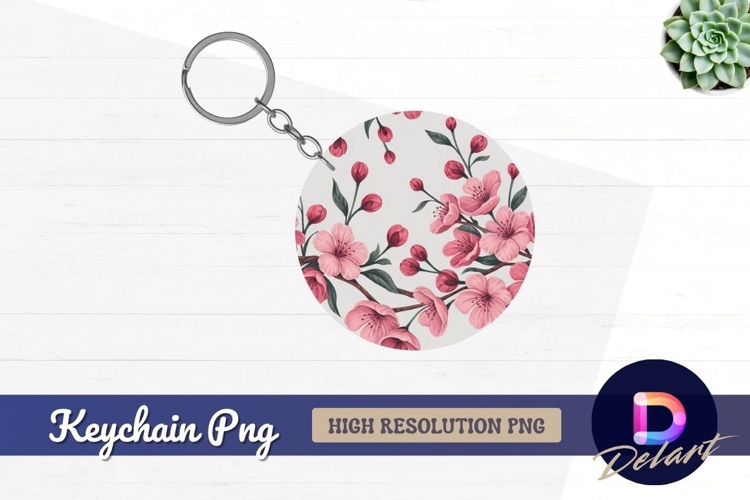 Pink cherry blossom floral round keychain png